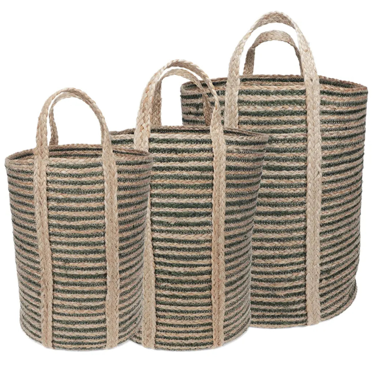 Set of 3 Tall Green Striped Jute Storage Baskets 4