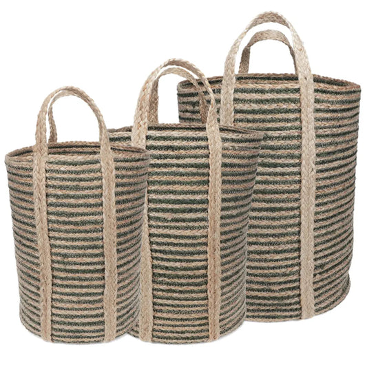 Set of 3 Tall Green Striped Jute Storage Baskets 4