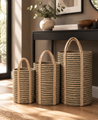 Set of 3 Tall Green Striped Jute Storage Baskets