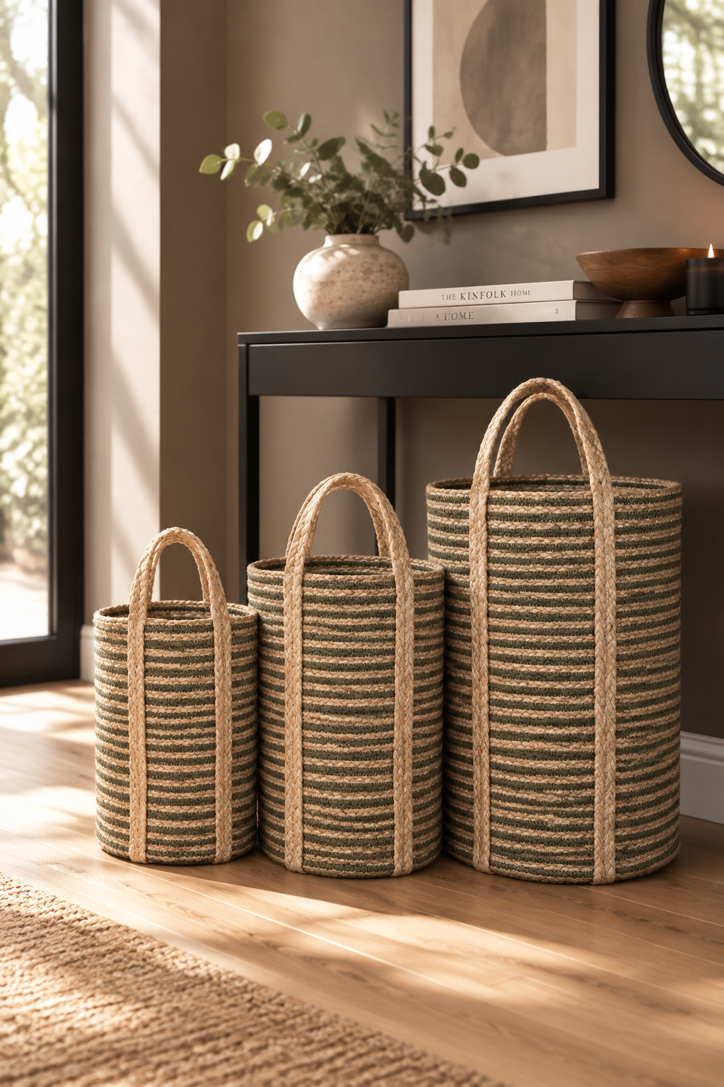 Set of 3 Tall Green Striped Jute Storage Baskets