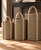 Set of 3 Tall Green Striped Jute Storage Baskets