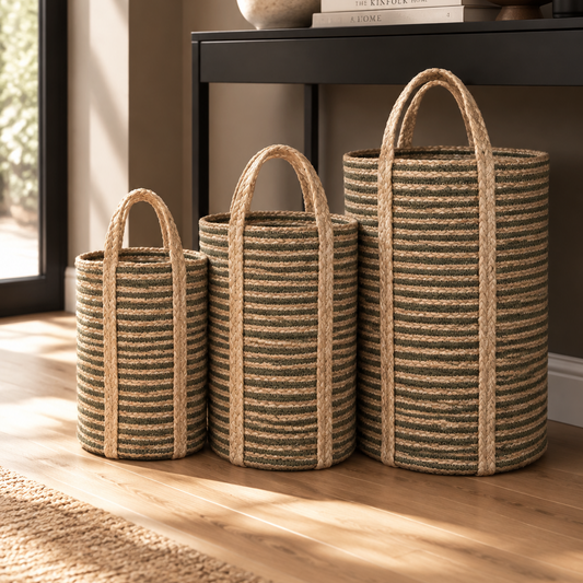 Set of 3 Tall Green Striped Jute Storage Baskets