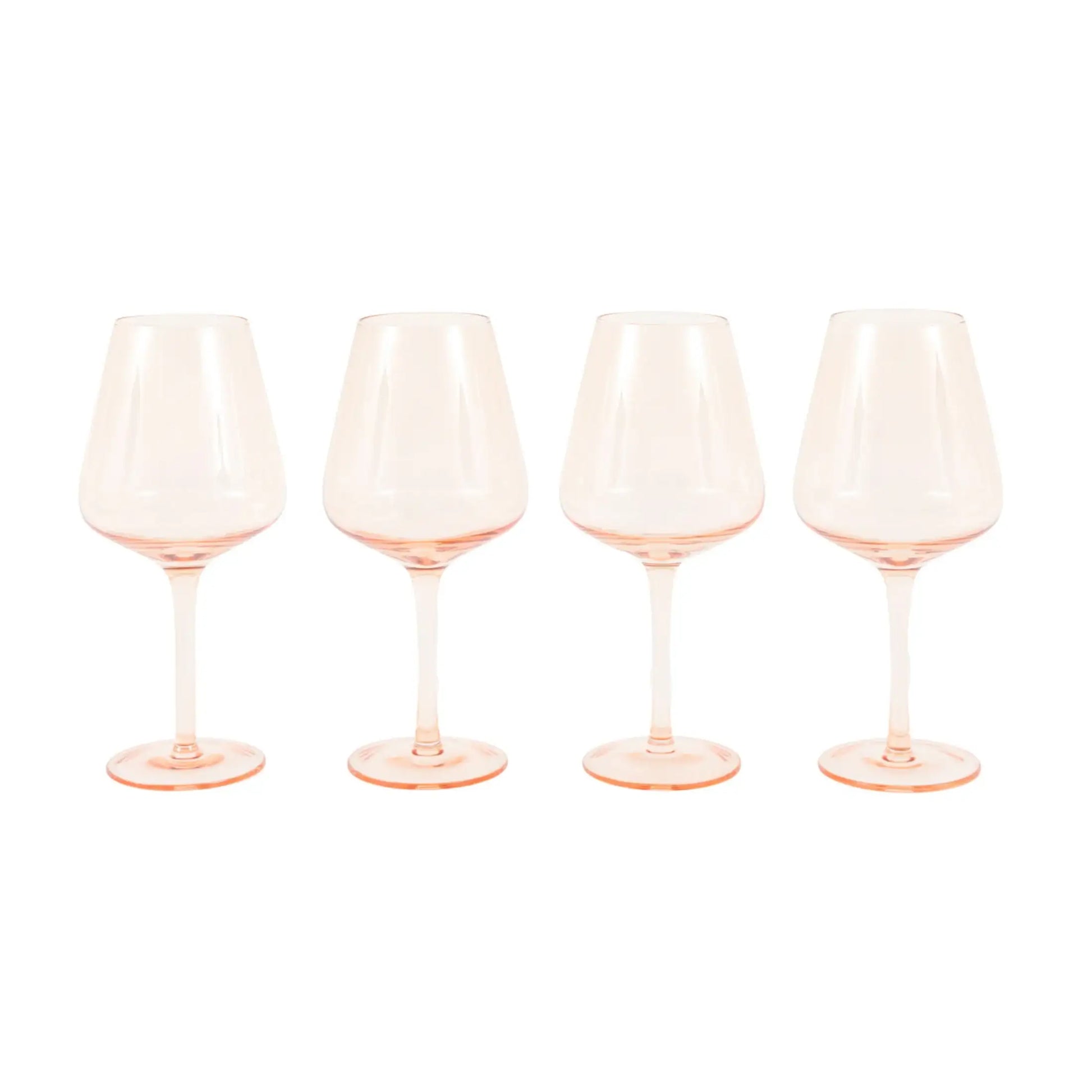 Four pink wine glasses on a white background