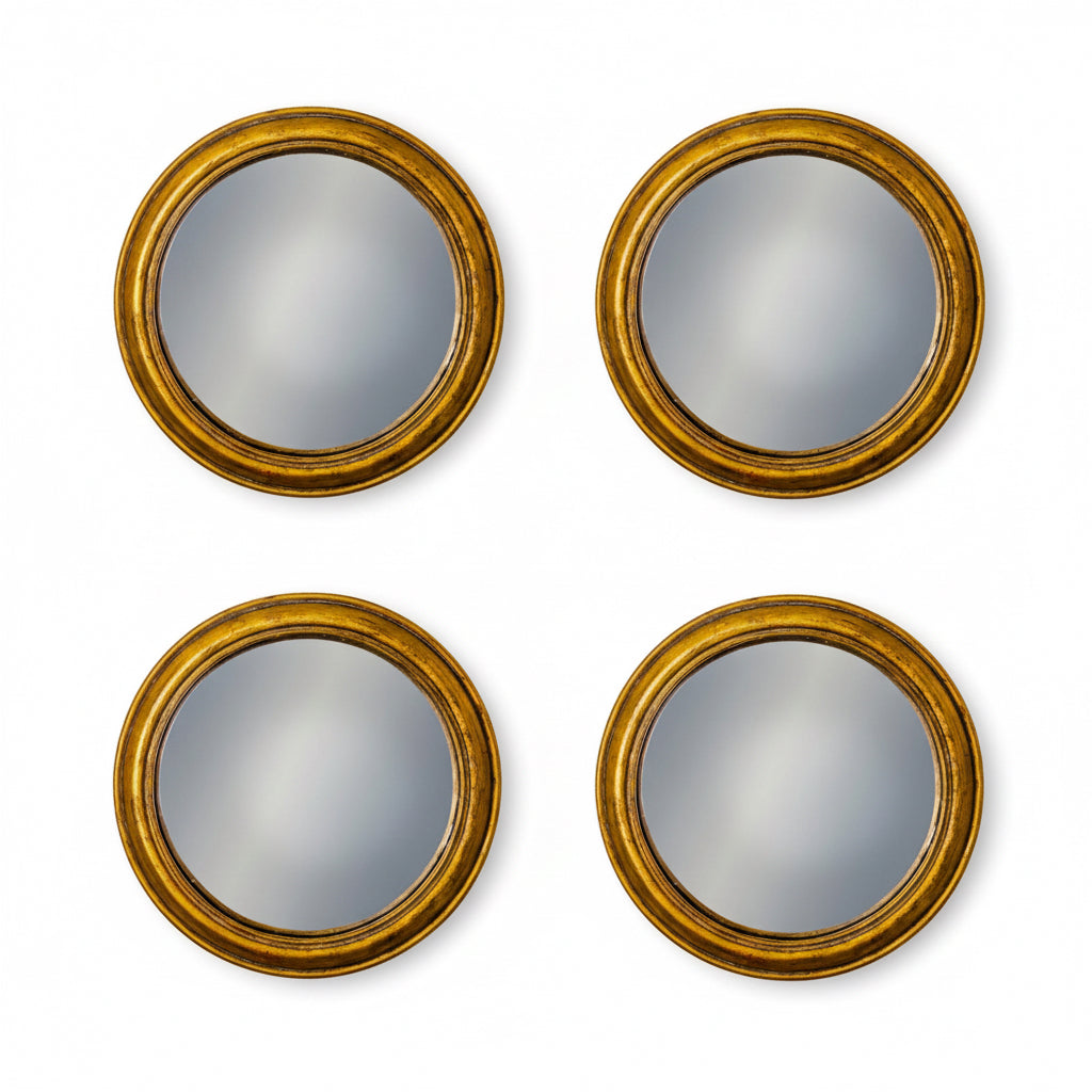 Set of 4 Antique Gold Round Convex Framed Mirrors