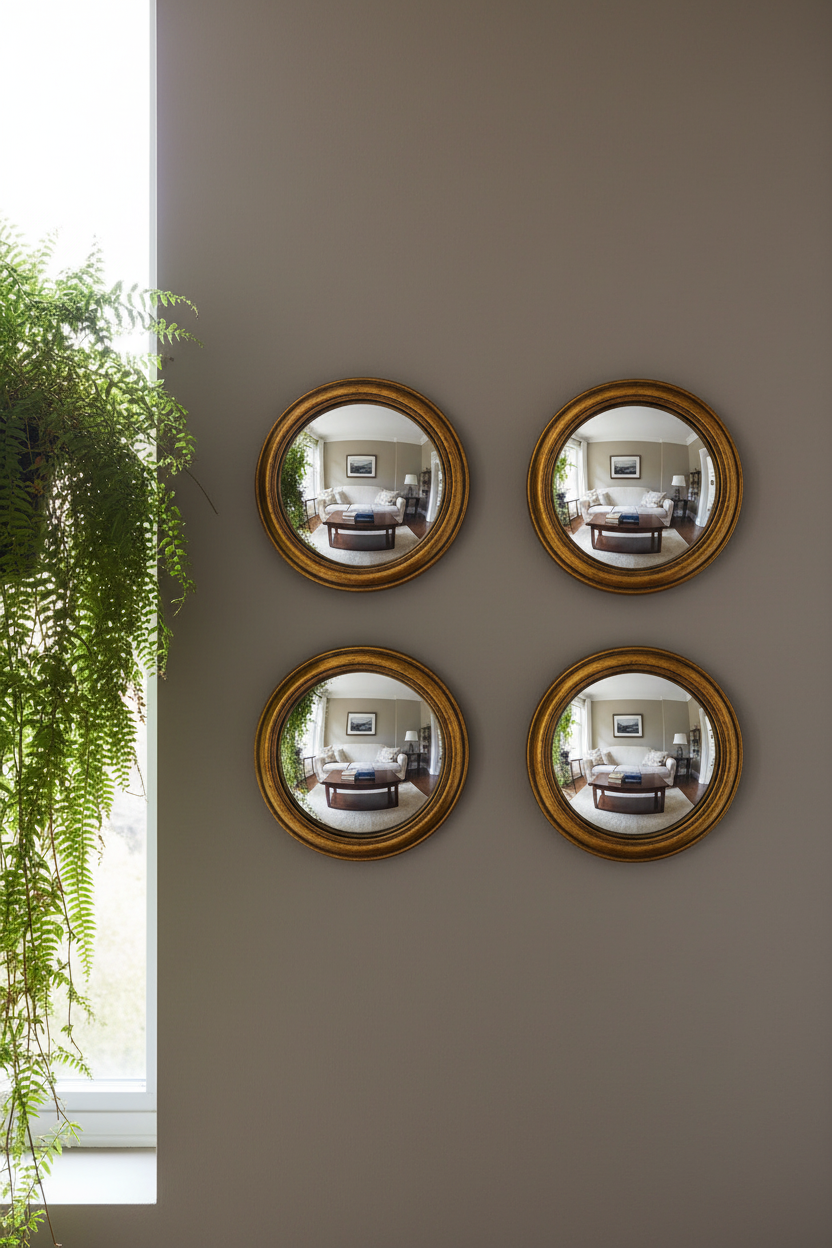 Set of 4 Antique Gold Round Convex Framed Mirrors