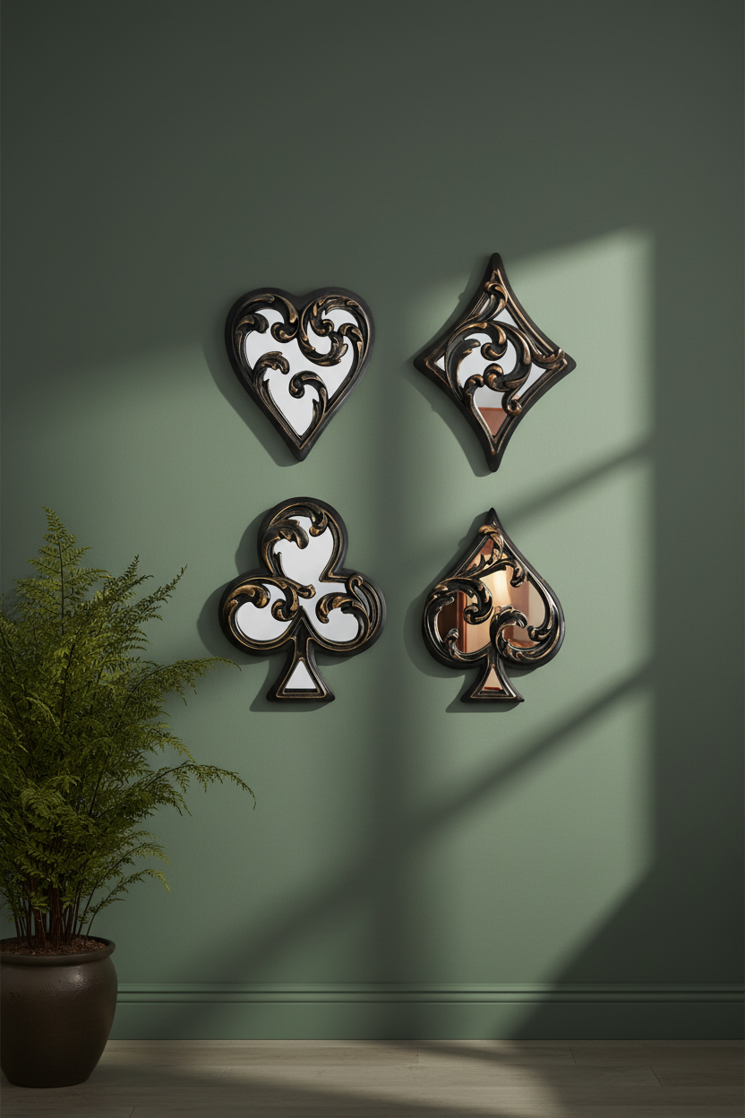 Decorative wall art pieces shaped like playing card suits on a green wall.