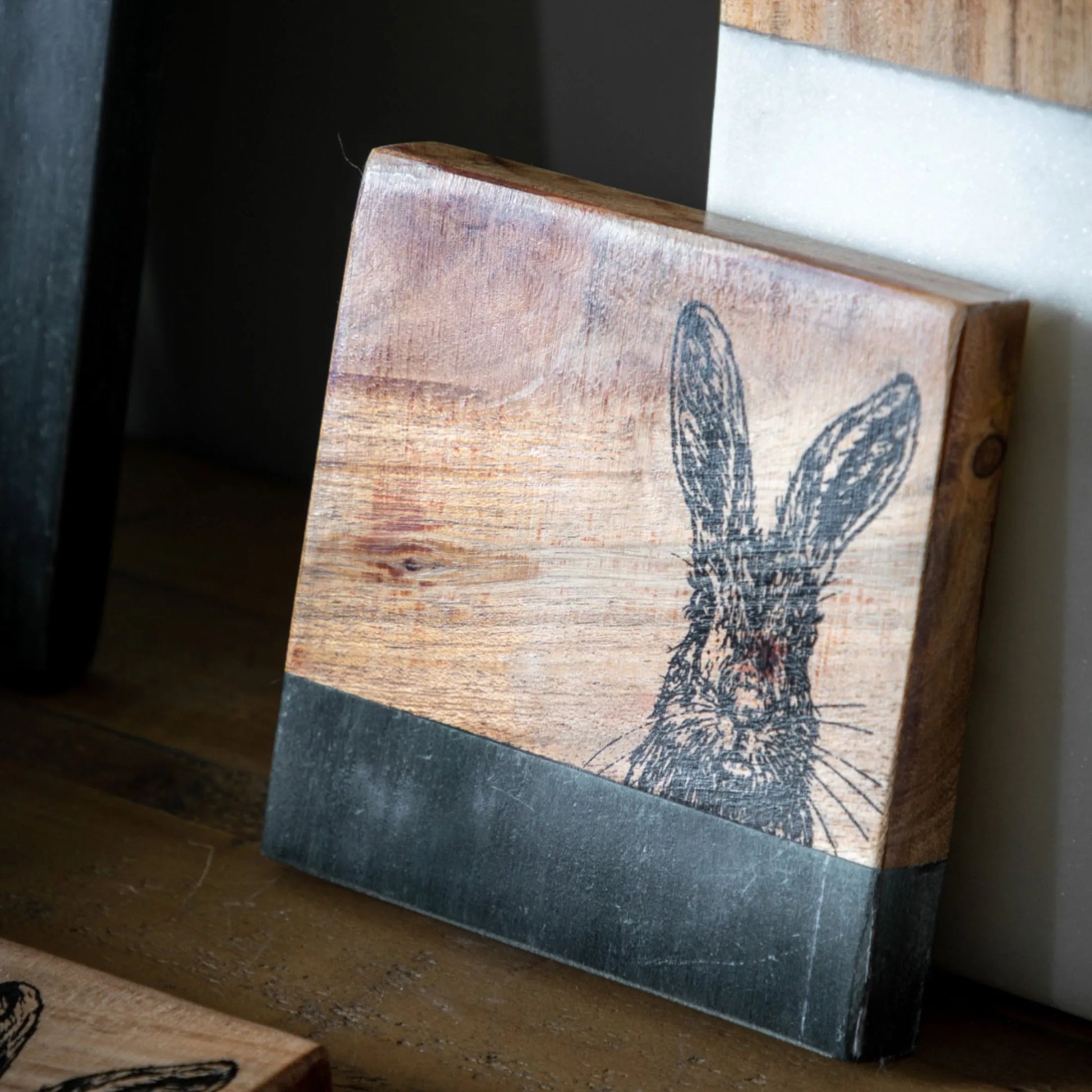 Set of 4 Black Marble & Wood Hare Coasters 5