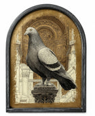 Arched framed wall art featuring a detailed pigeon perched on a decorative pedestal against an ornate sepia architectural background, enclosed in a dark frame.