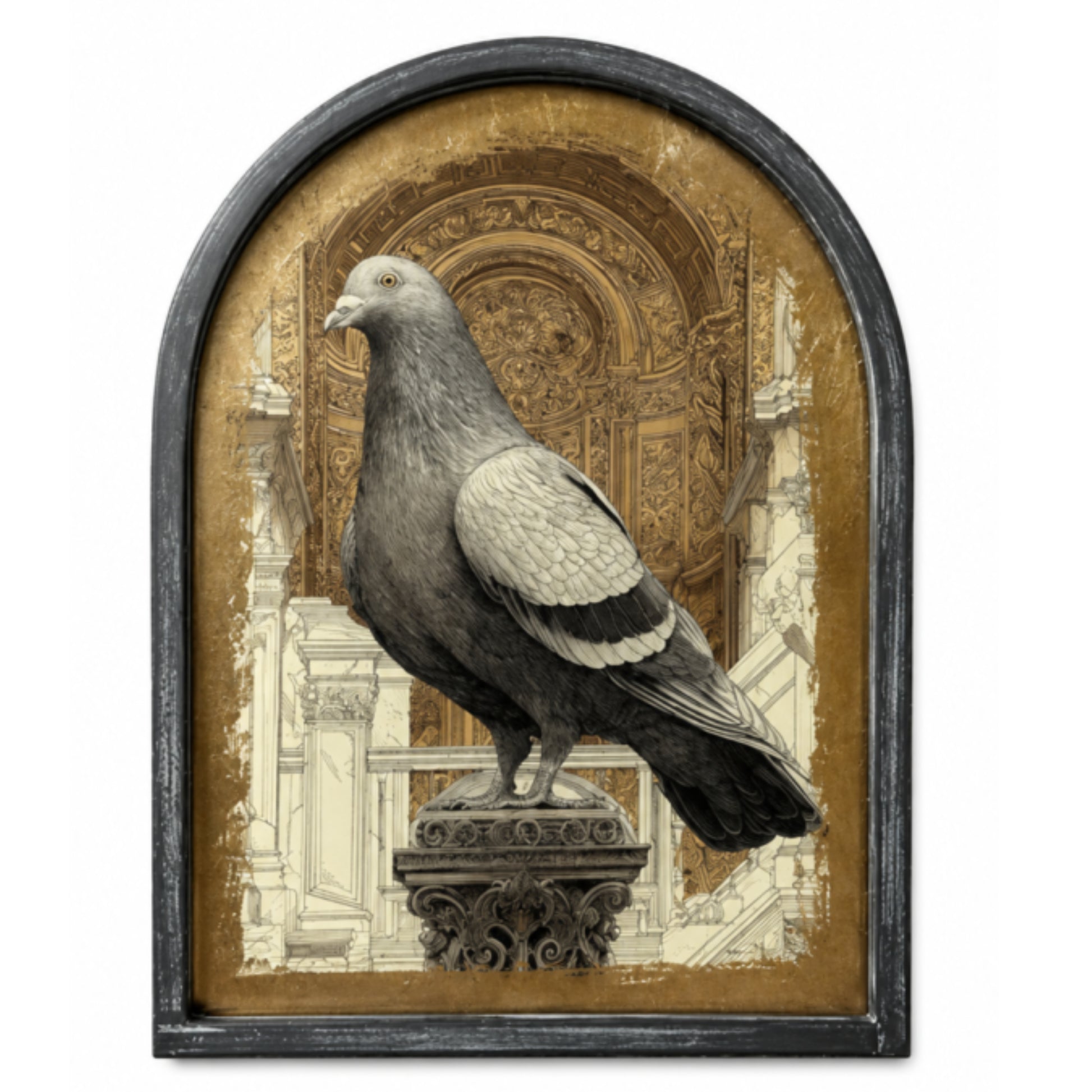 Arched framed wall art featuring a detailed pigeon perched on a decorative pedestal against an ornate sepia architectural background, enclosed in a dark frame.