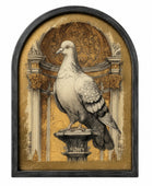 Arched framed wall art featuring a detailed illustration of a white pigeon standing on a pedestal against an ornate gold-toned architectural background, enclosed in a dark frame.