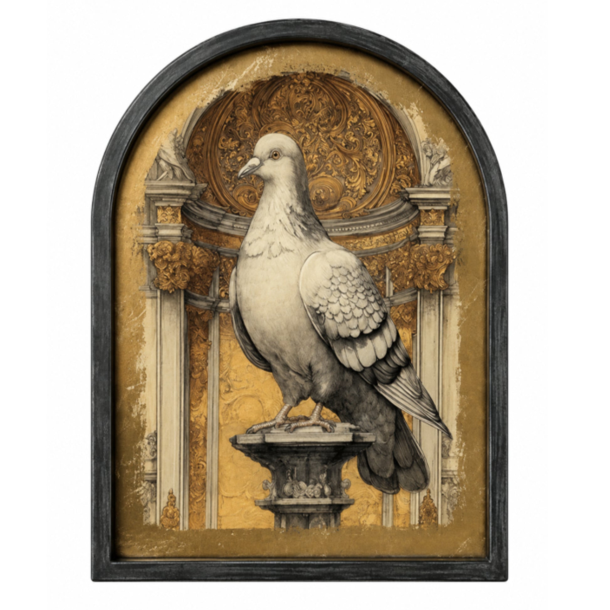 Arched framed wall art featuring a detailed illustration of a white pigeon standing on a pedestal against an ornate gold-toned architectural background, enclosed in a dark frame.