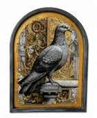 Arched framed wall art featuring a detailed grayscale pigeon perched in front of an ornate gold and gray decorative background, shown on a plain white backdrop.