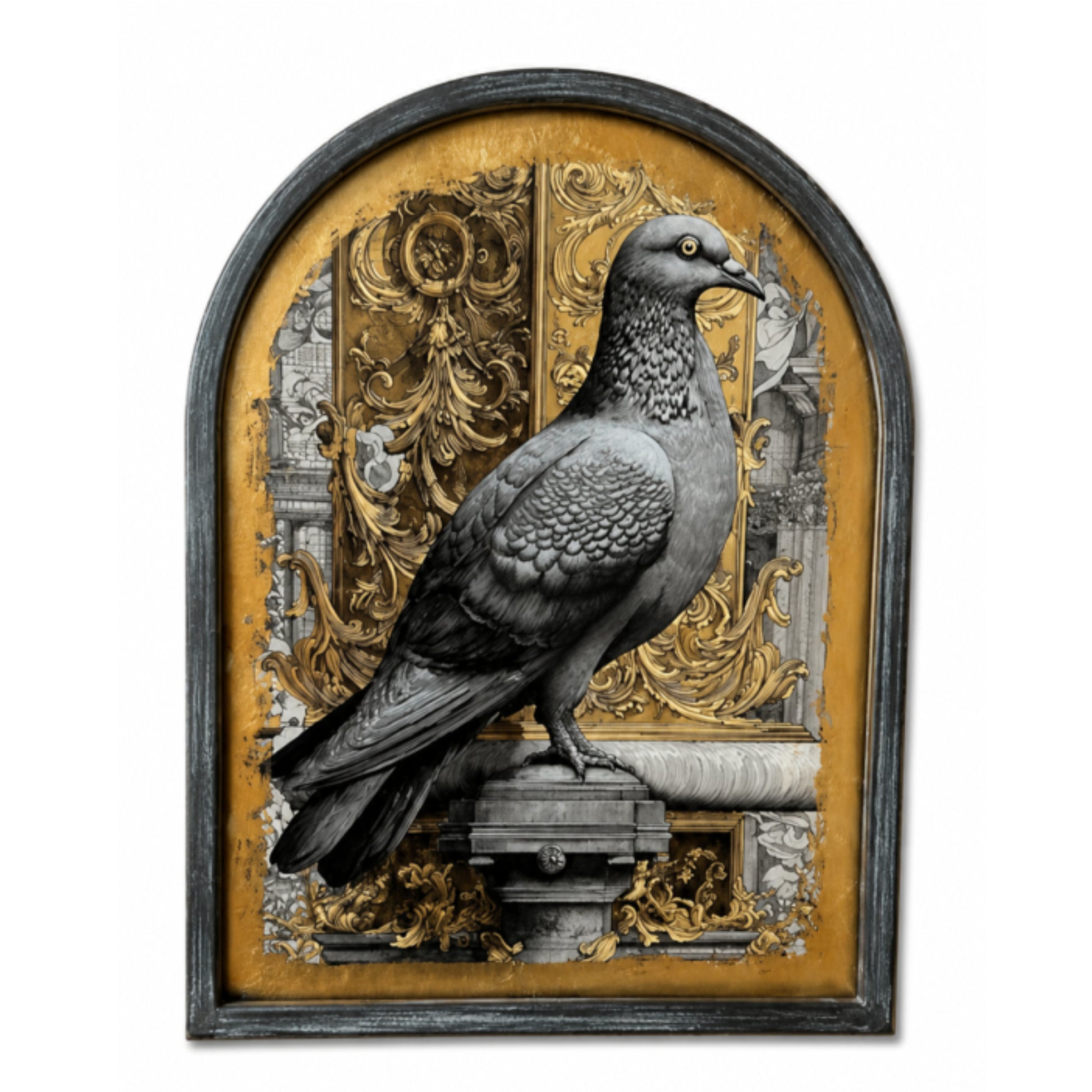 Arched framed wall art featuring a detailed grayscale pigeon perched in front of an ornate gold and gray decorative background, shown on a plain white backdrop.
