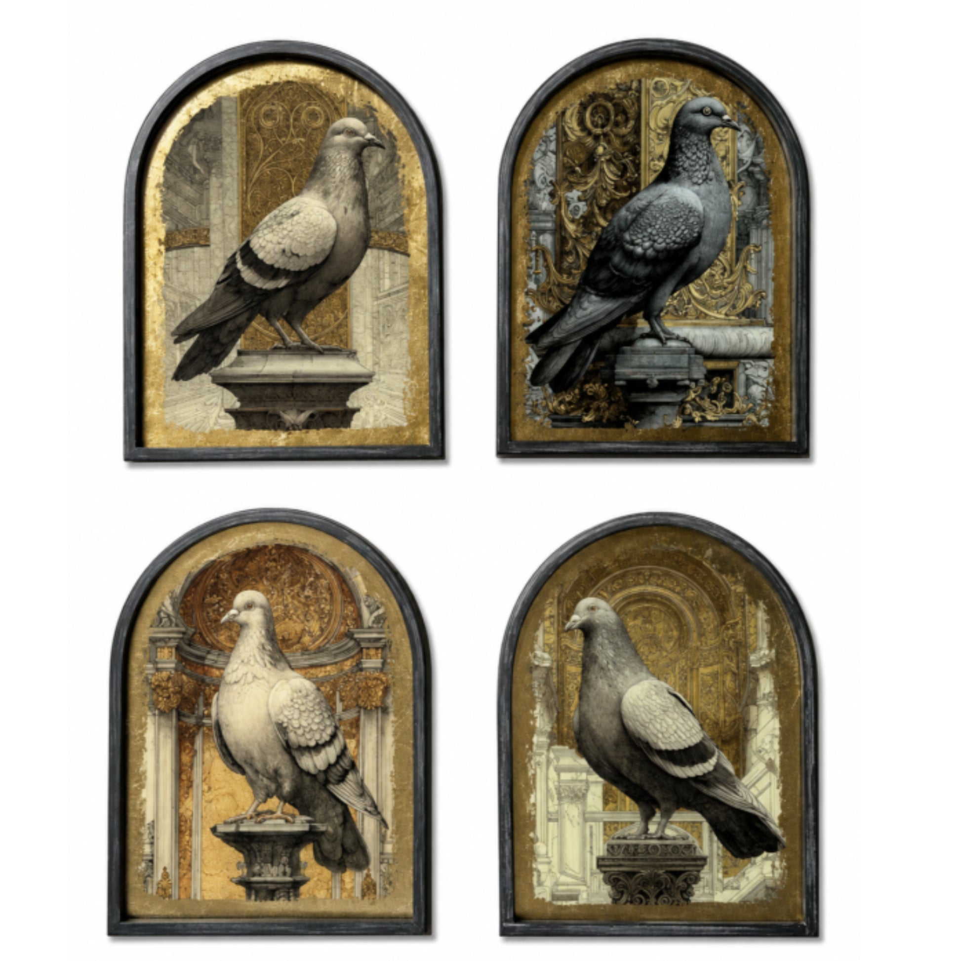 Set of four arched wall art panels featuring different pigeon illustrations in grayscale over a textured gold background, arranged in a 2x2 grid on a white background.