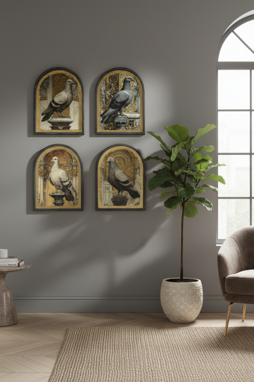 Four framed vintage-style pigeon paintings arranged in a 2x2 grid on a gray wall in a styled living room with a potted fiddle-leaf fig, a chair, and a window.