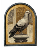 Arched framed wall art featuring a detailed illustration of a pigeon standing on a pedestal against an ornate architectural background, with a distressed gold-toned center and a dark charcoal frame.
