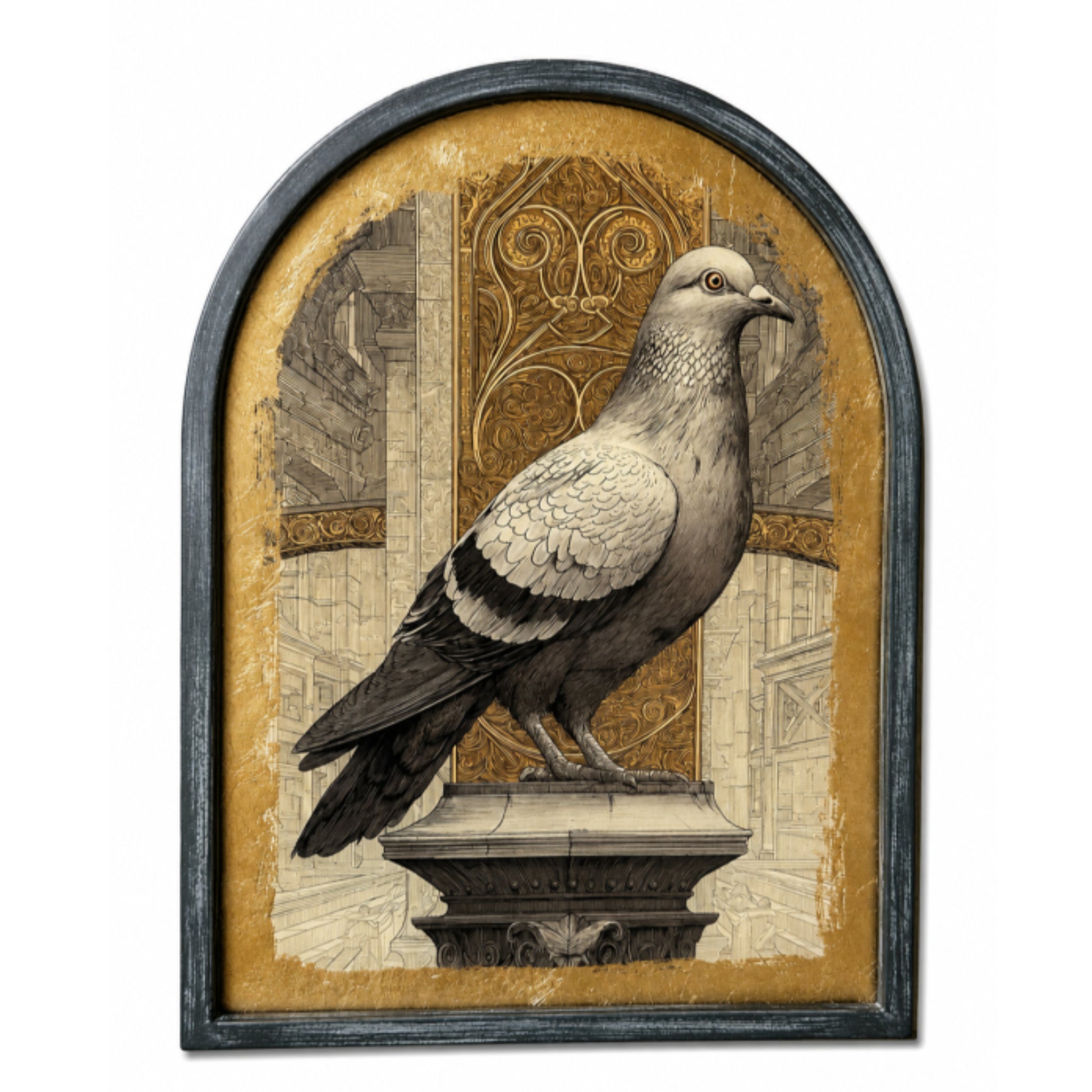 Arched framed wall art featuring a detailed illustration of a pigeon standing on a pedestal against an ornate architectural background, with a distressed gold-toned center and a dark charcoal frame.