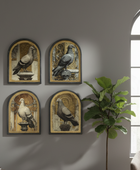 Set of 4 Gold Neoclassical Pigeon Wall Art Prints in Distressed Metal Frames