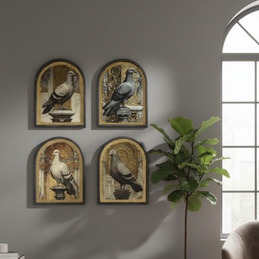 Set of 4 Gold Neoclassical Pigeon Wall Art Prints in Distressed Metal Frames