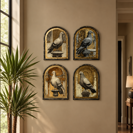 SET OF 4 METAL-FRAMED GOLD NEOCLASSICAL PIGEON WALL ART PRINTS