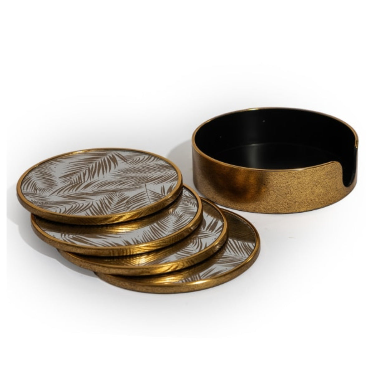 A set of four round coasters with a metallic gold frame and a silver-gray palm leaf pattern, shown with one coaster removed to reveal a black interior, on a white background.
