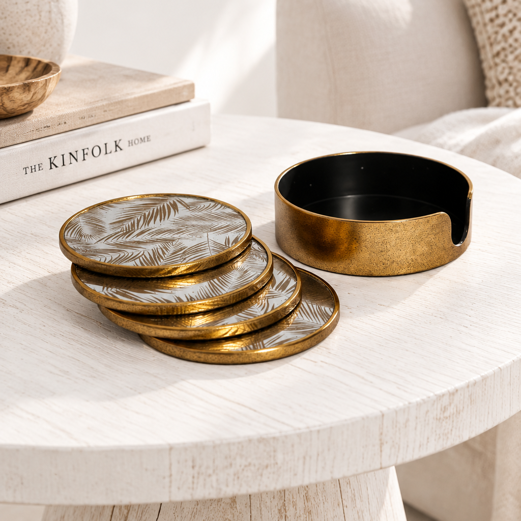 A set of round coasters and a matching cup holder with a brushed gold finish and a leaf pattern, styled on a white wooden table next to books.