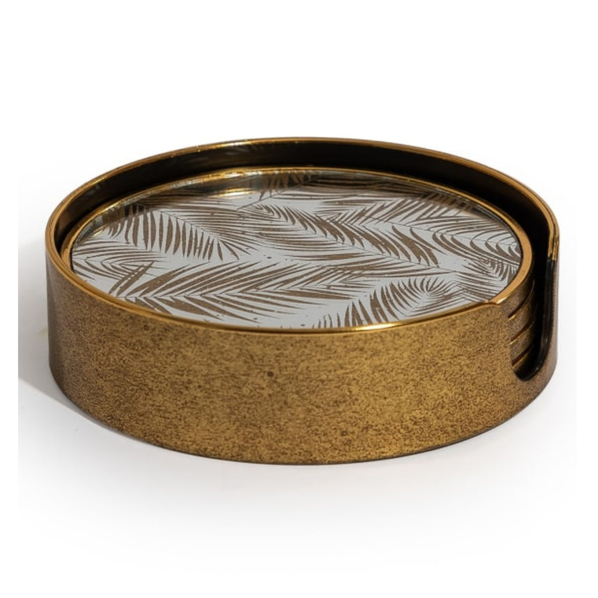 A round metallic tray with a textured gold finish and a clear glass top featuring an etched palm leaf pattern, shown on a white background.