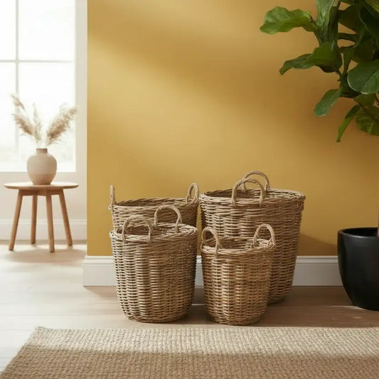 Set of wicker baskets on a wooden floor with a yellow wall and plant in the background
