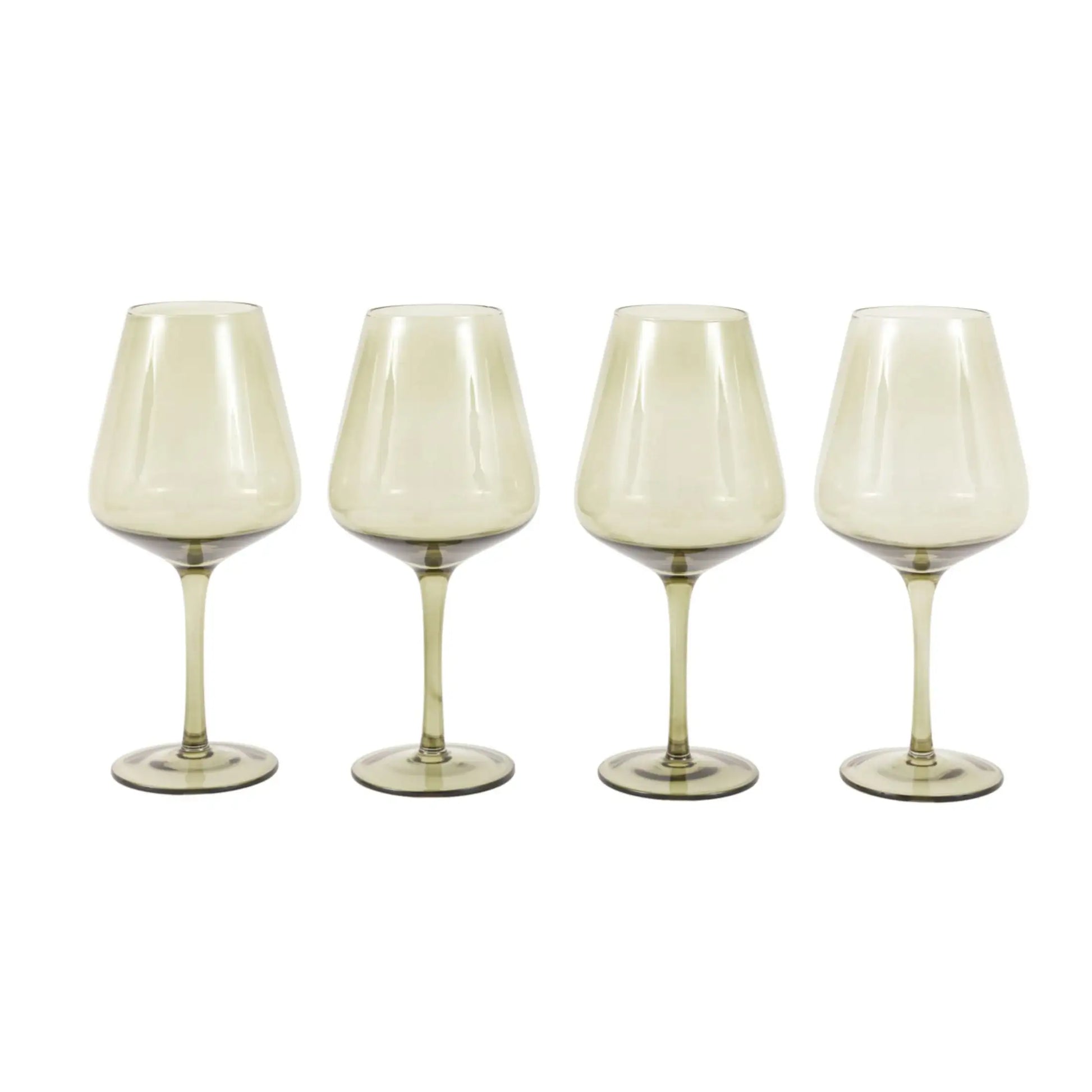Four white wine glasses with gold stems on a white background