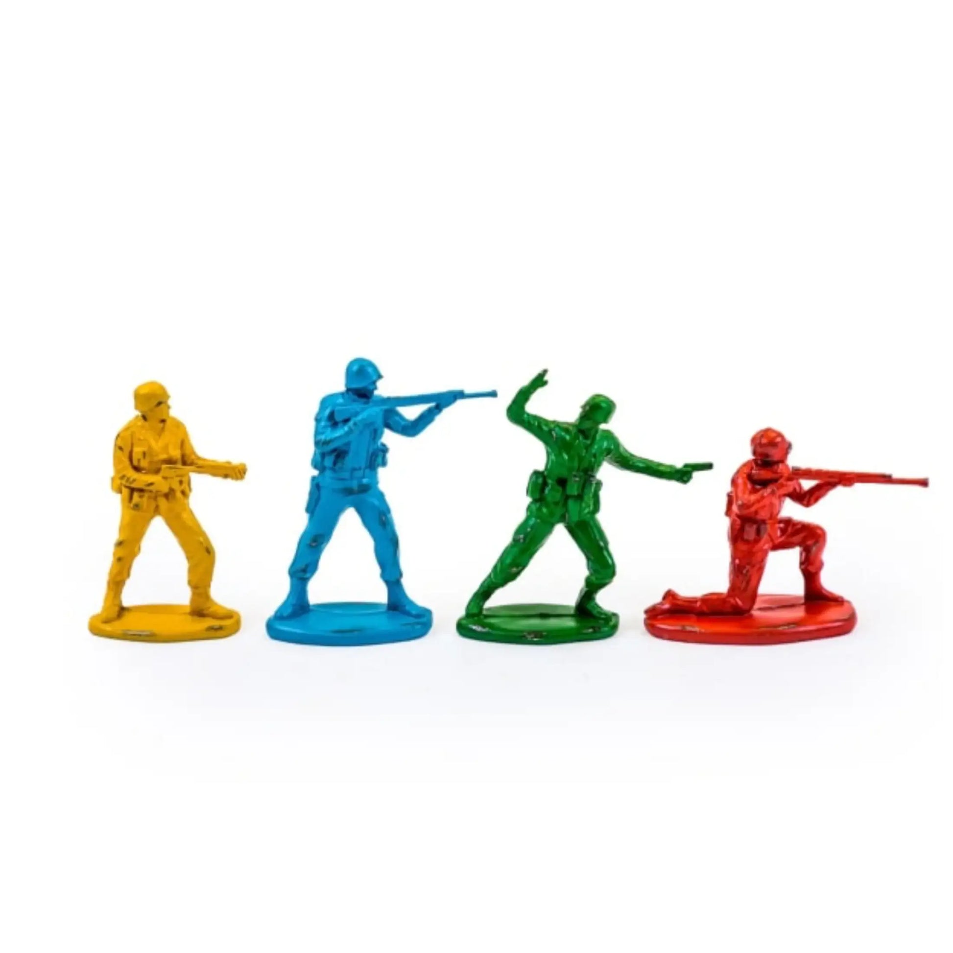Four colorful toy soldier figurines on a white background