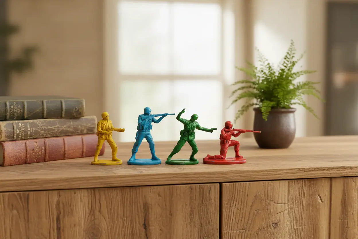 Colorful toy soldiers on a wooden surface with books and a plant in the background