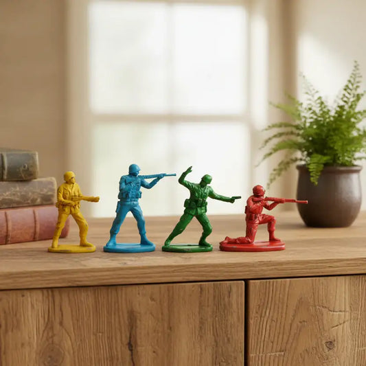 Four toy soldiers in different colors on a wooden surface with a blurred background