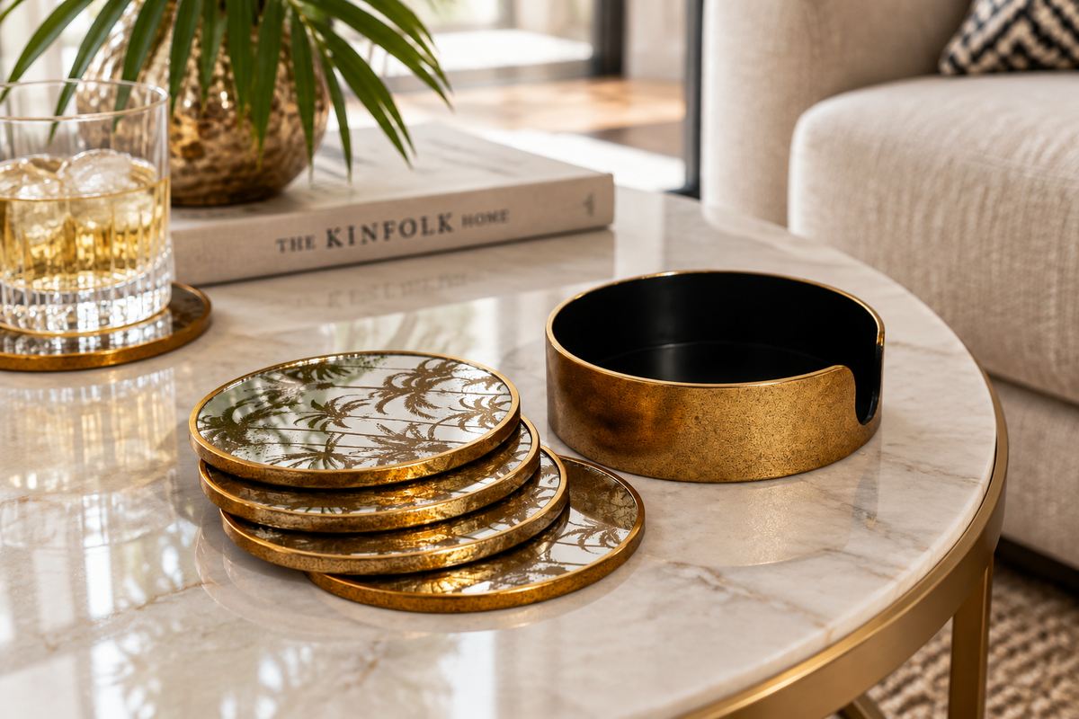 A set of gold and white palm-leaf patterned coasters and a matching gold bowl with a black interior, styled on a white marble coffee table in a modern living room setting.