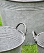 Three galvanized metal buckets on a grassy background
