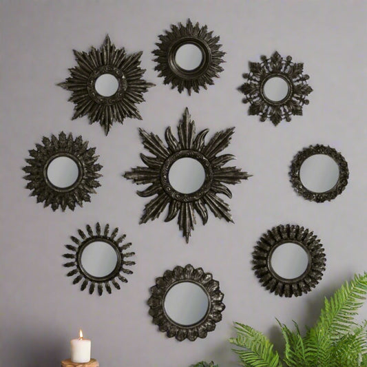 Set of 9 Sunburst Antique Black Framed Mirrors