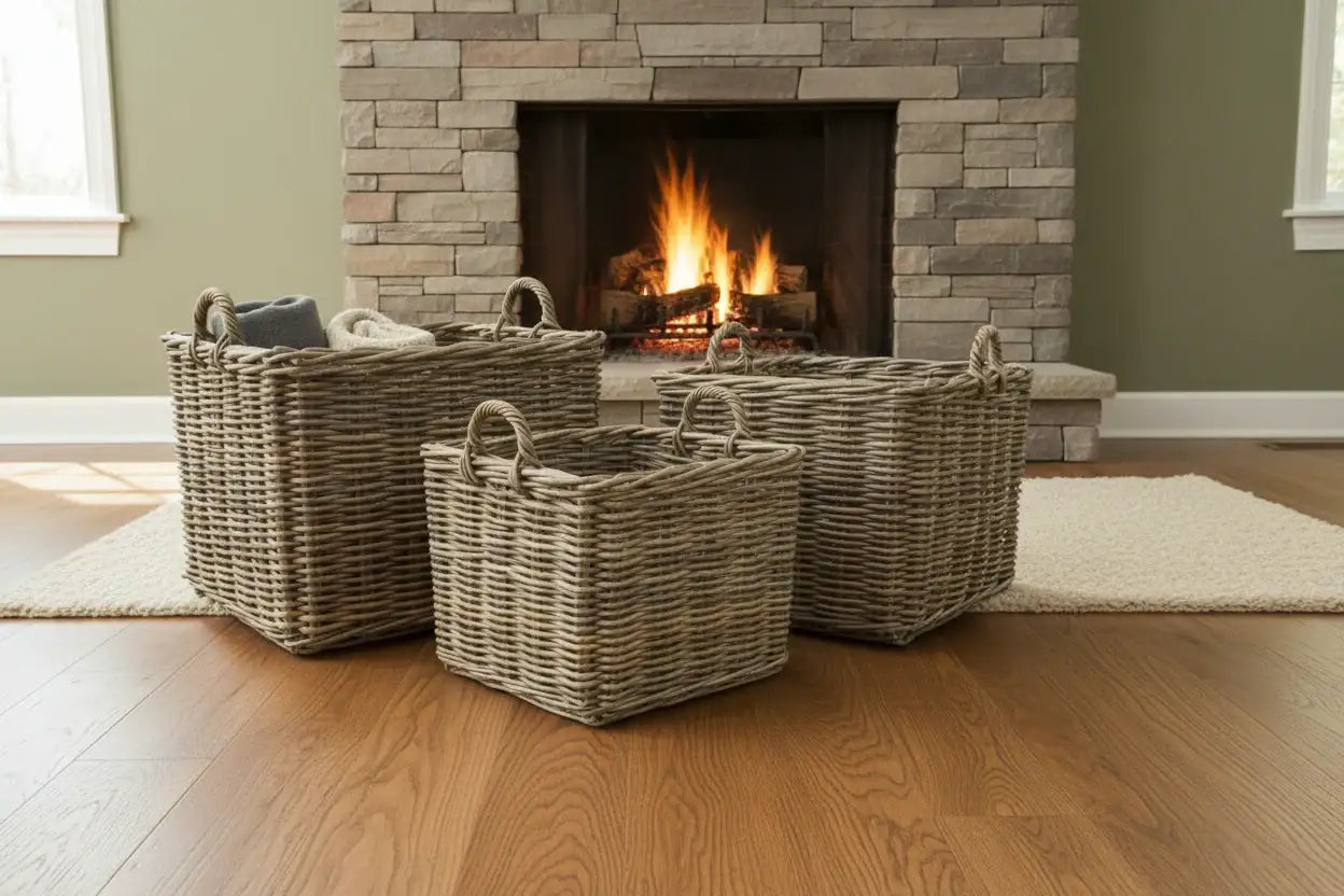 Wicker baskets on a wooden floor in front of a stone fireplace with a fire.