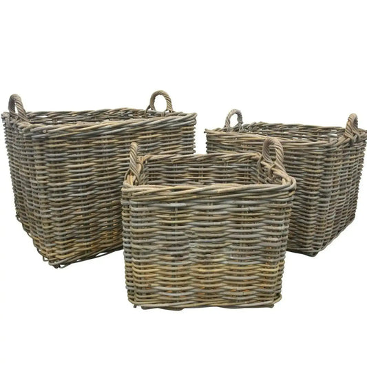 Set of 3 Rustic Square Rattan Baskets with Handles - The Farthing