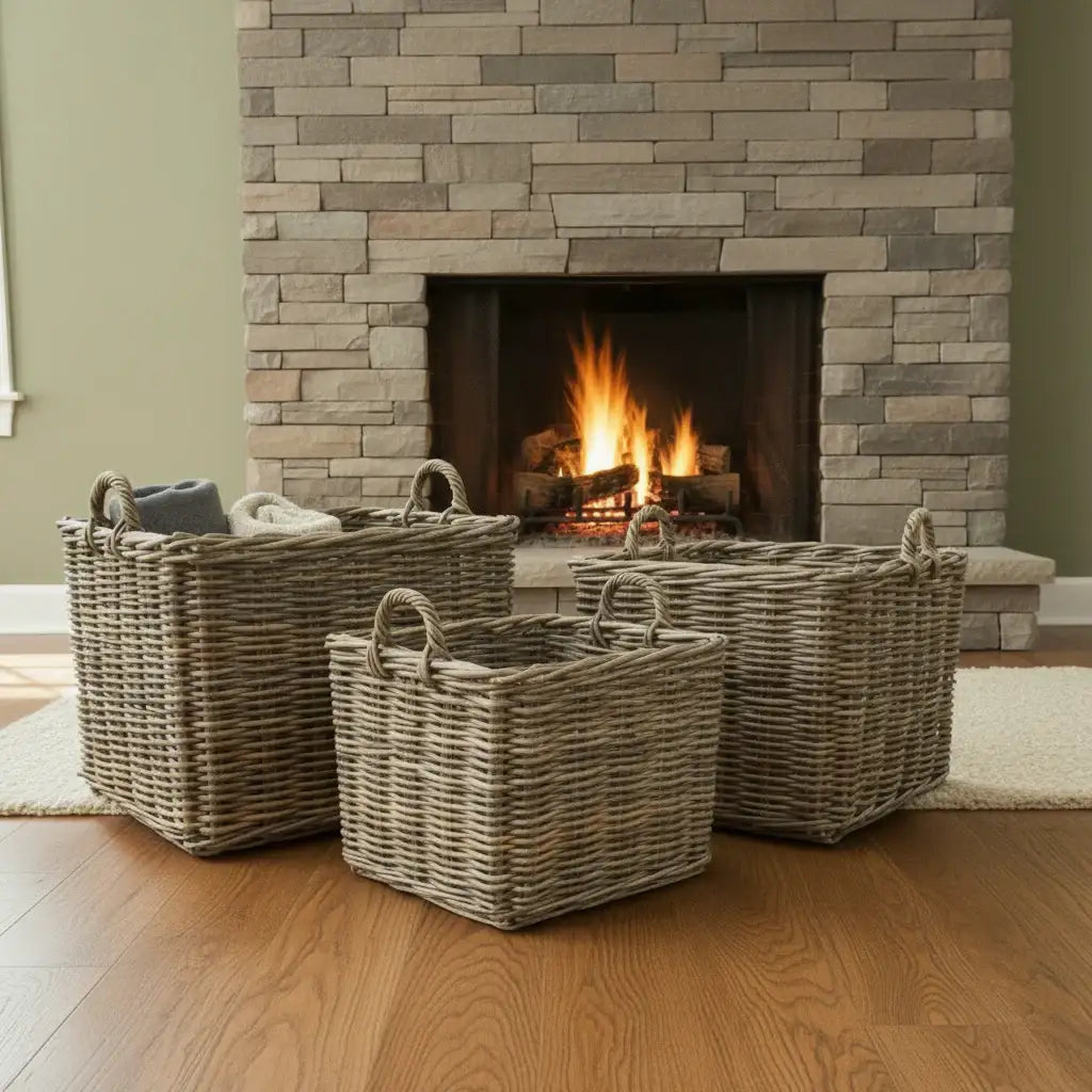 Wicker baskets in front of a stone fireplace with fire.