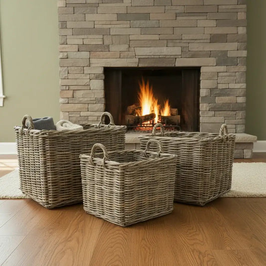 Wicker baskets in front of a stone fireplace with fire.