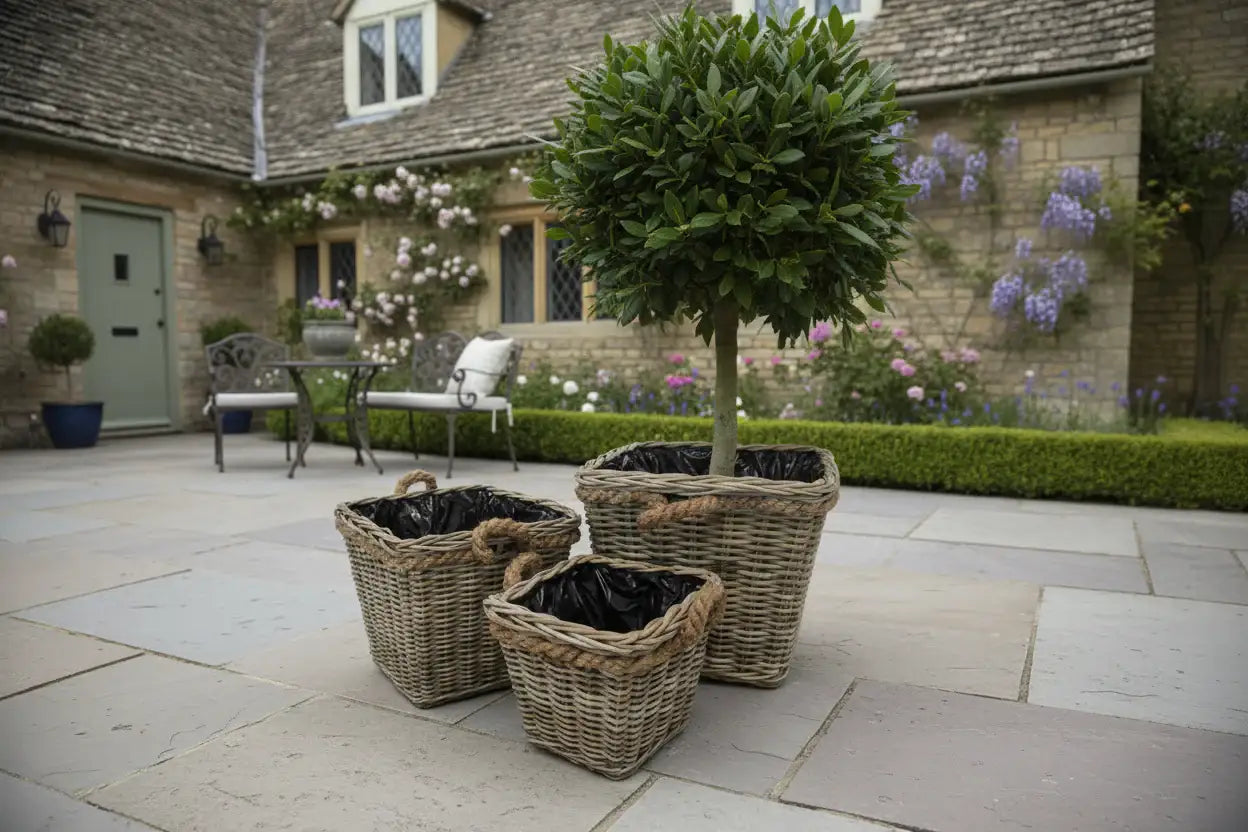 Potted trees in wicker baskets on a stone patio with a garden and house in the background