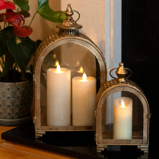 Set of Two Aged Gold Arched Top Lanterns