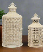 Set of Two Aged White Metal Filigree Lanterns
