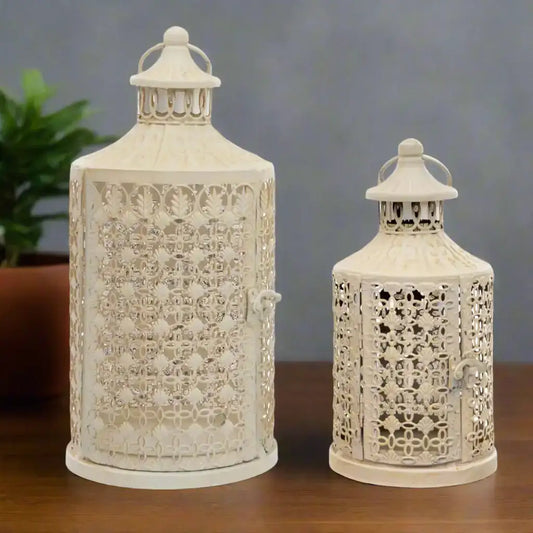 Set of Two Aged White Metal Filigree Lanterns