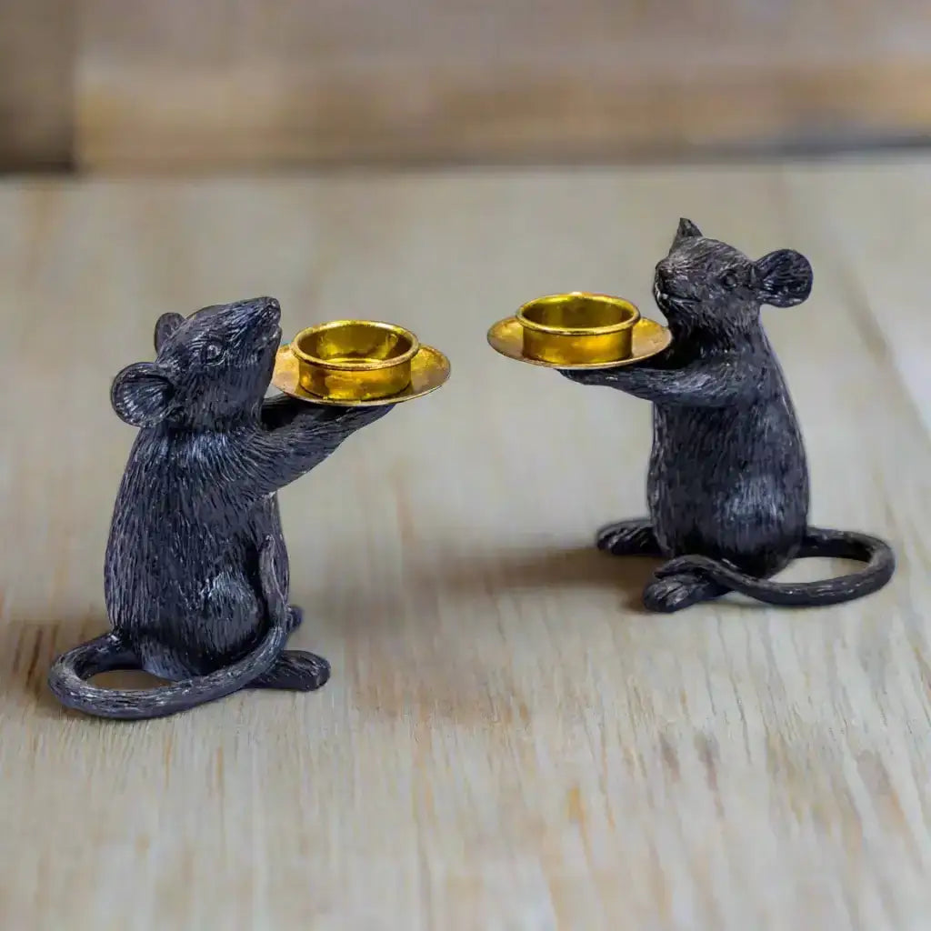 Set of Two Black Mice Tea Light Holders