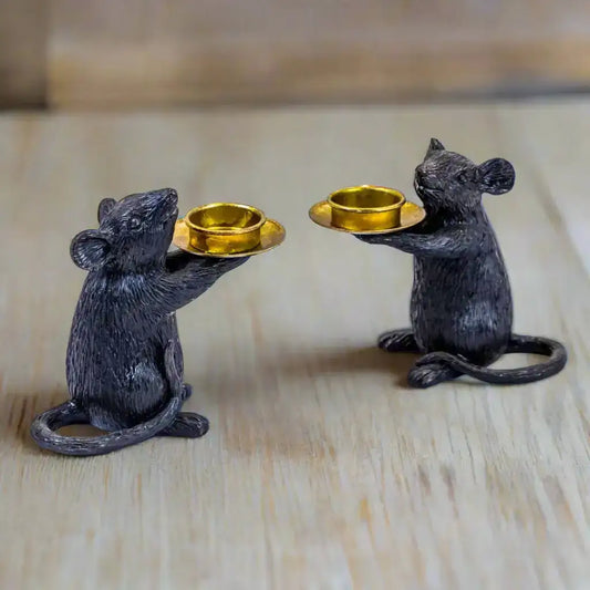 Set of Two Black Mice Tea Light Holders