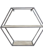Hexagonal wall shelf with metal frame and wooden shelves on a white background