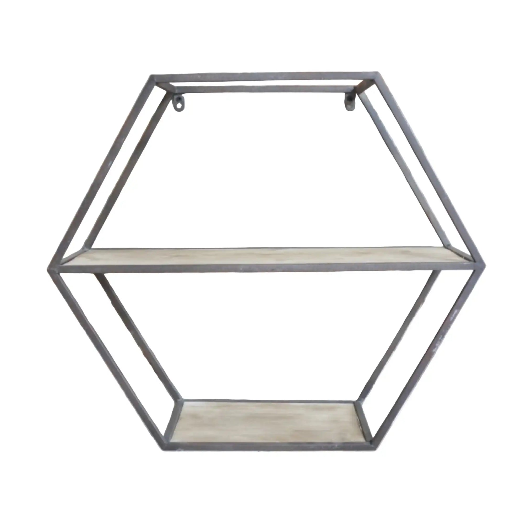 Hexagonal wall shelf with metal frame and wooden shelves on a white background