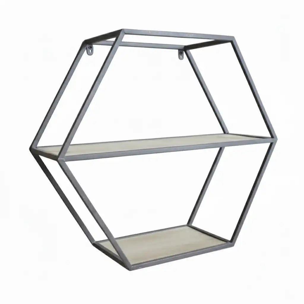 Geometric shelf with decorative items including a plant, bird figurine, and wooden blocks.