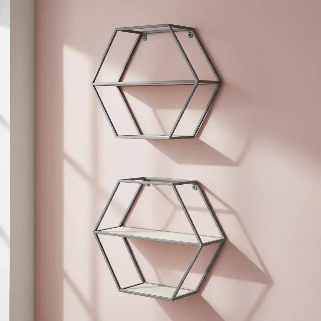 Two geometric wall shelves on a pink wall