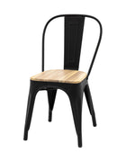 Black metal chair with a wooden seat on a white background